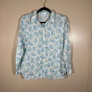 J.Jill Love Linen White Blue Paisley Print Long Sleeve Button Down Blouse size S